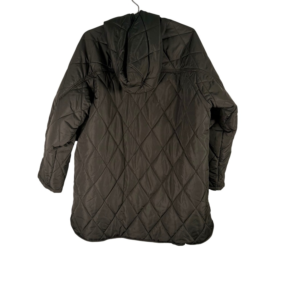 Black Quilted Hooded Snap Front Jacket Women XL Mid-Length Coat - Picture 2 of 6